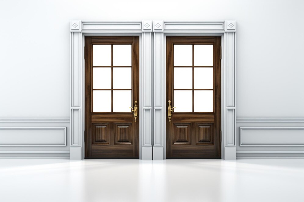 Two wooden doors with frosted glass - Spirebuildingsupplies.com