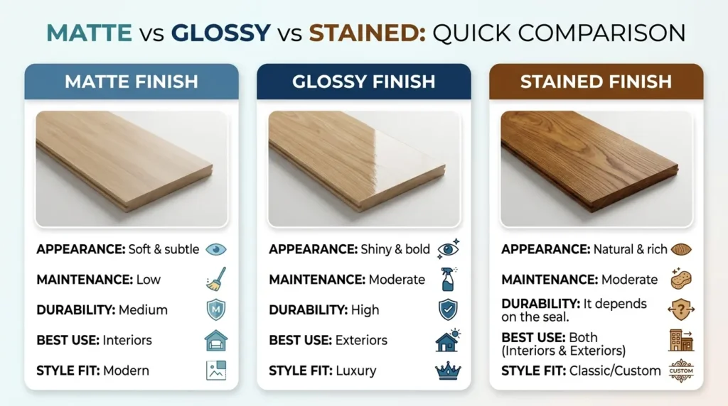 Matte vs Glossy vs Stained: Quick Comparison